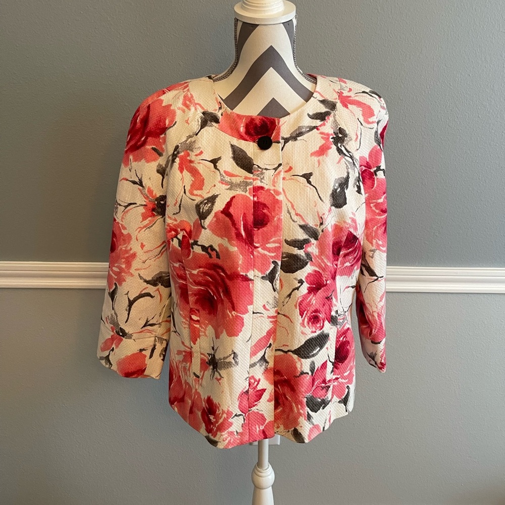 Jones New York Pink Rose Floral Jacket - Size: 14